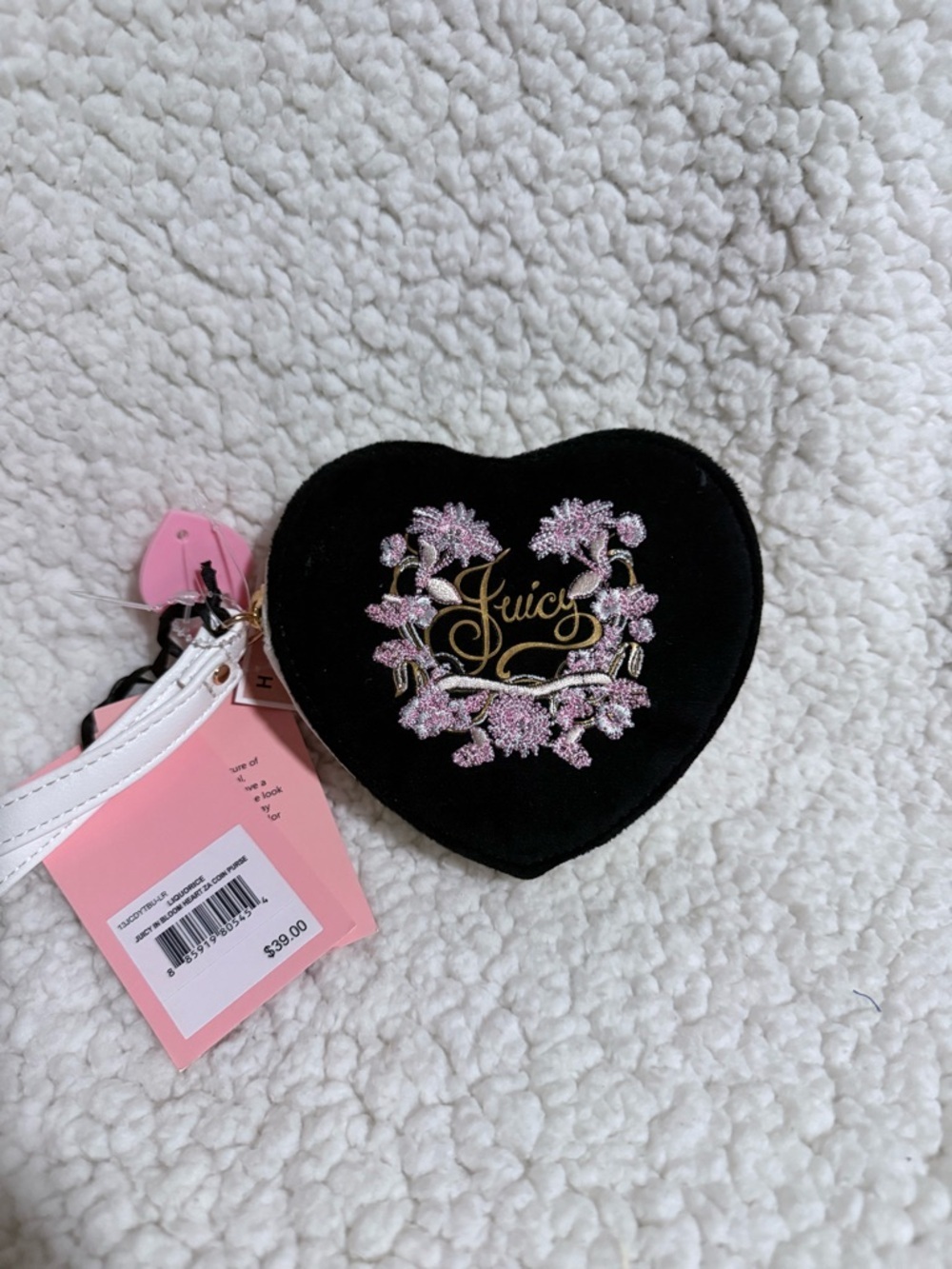 NWT Juicy Couture Juicy in Bloom Black Heart Coin Purse with Pink Embroidery
